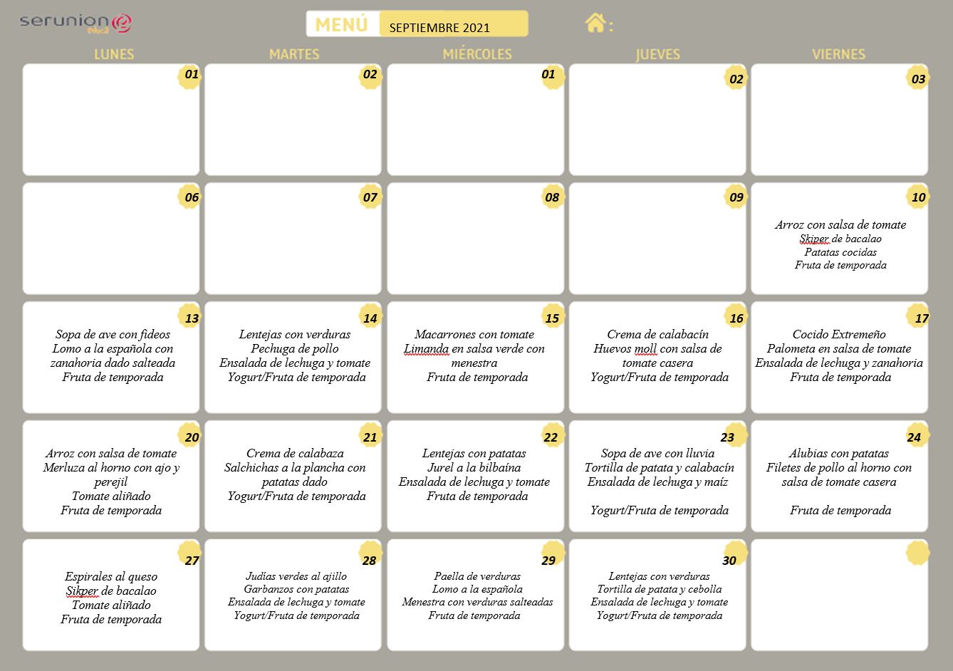 Comedor menú septiembre
